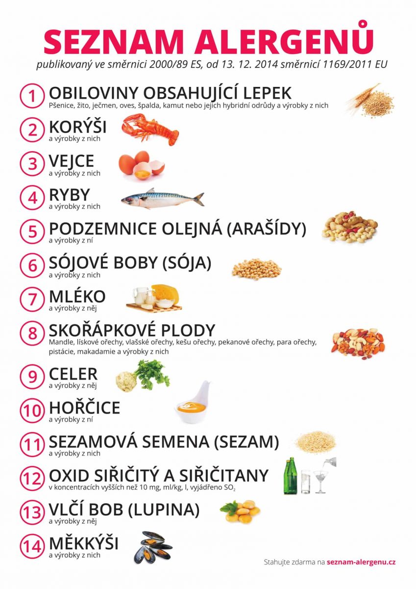 Plakát - seznam alergenů publikovaný ve směrnici 1169/2011 EU